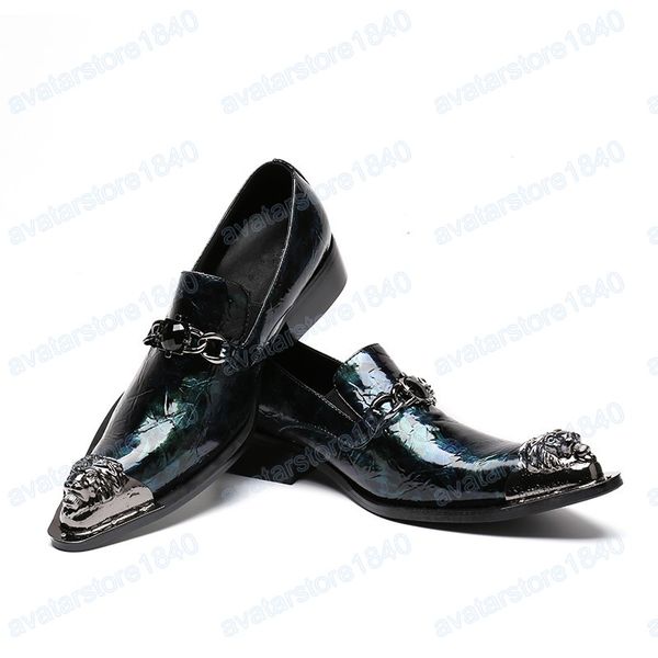 Italienische Herren-Business-Party-Oxford-Schuhe aus Metall mit spitzer Zehenpartie, große männliche grüne Schuhe aus echtem Leder