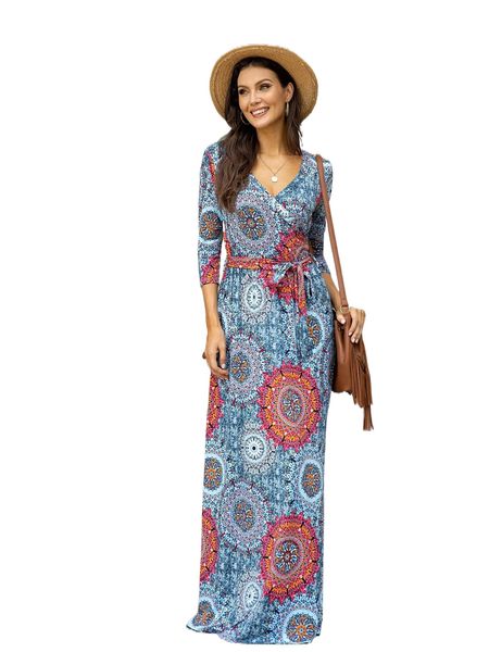 

dearcase mandala print surplice neck belted maxi dress l3bb#, Black;gray