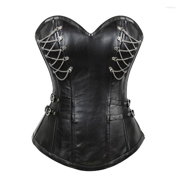 Bustini Corsetti Donna Finta pelle PU Corsetto overbust Steampunk Nero Top Gotico Lingerie sexy Vita Trainer Body Shaper CincherBustiers