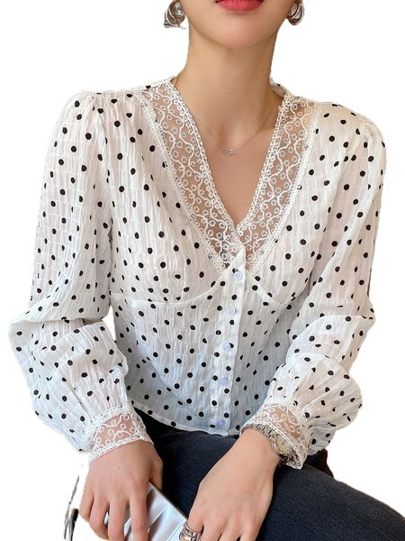

dazy polka dot contrast lace bishop sleeve blouse y5cy#, White