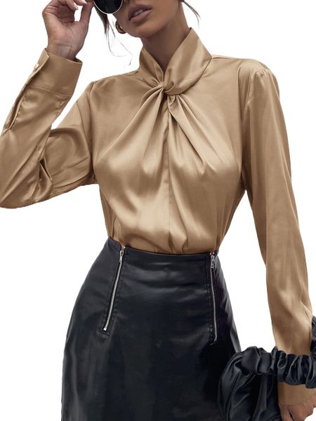 

keyhole back twist neck satin blouse a87x#, White