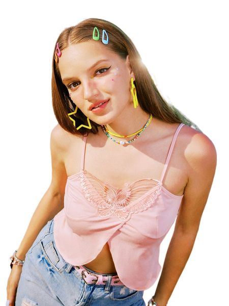 

romwe y2k revival butterfly embroidery split hem cami a3ya#, White