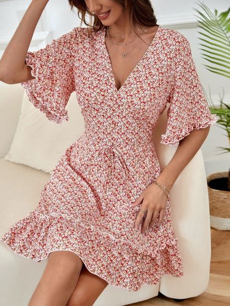 

ditsy floral frill trim tie front ruffle hem dress 64ps#, Black;gray