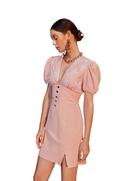 

x under the tuscan sun floral embroidery puff sleeve plunging neck dress n0tp#, Black;gray