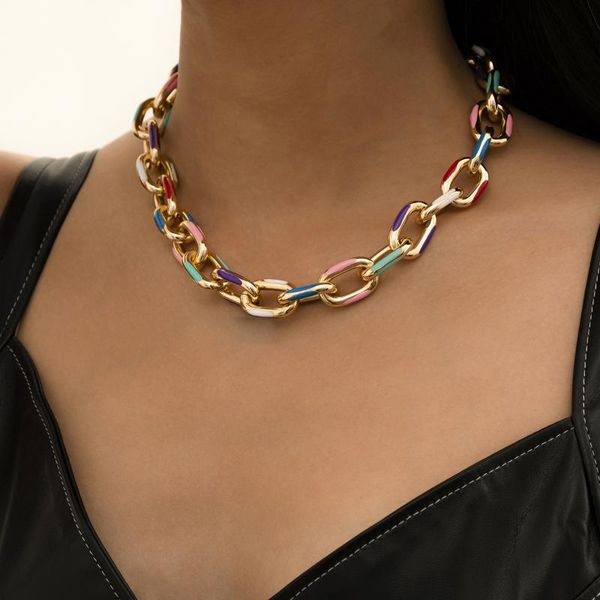 

necklaces & pendants chokers colorful enamel curb cuban link chain necklace for women men fashion hip hop punk gold color short collar gift, Golden;silver