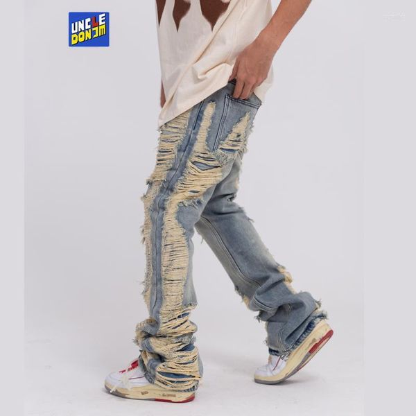 

men's jeans distressed for men y2k streetwear ripped cargo clothing damaged flare jeans, Blue