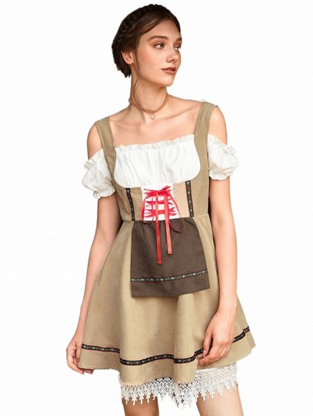

cold shoulder lace hem dirndl dress v93s#, Black;gray