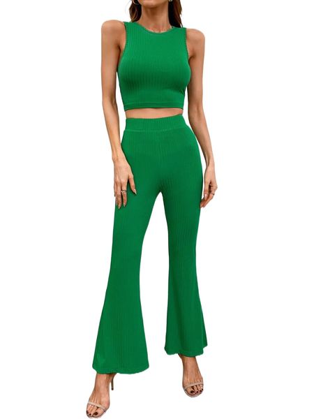 

solid crop tank & flare leg pants set y8mw#, White