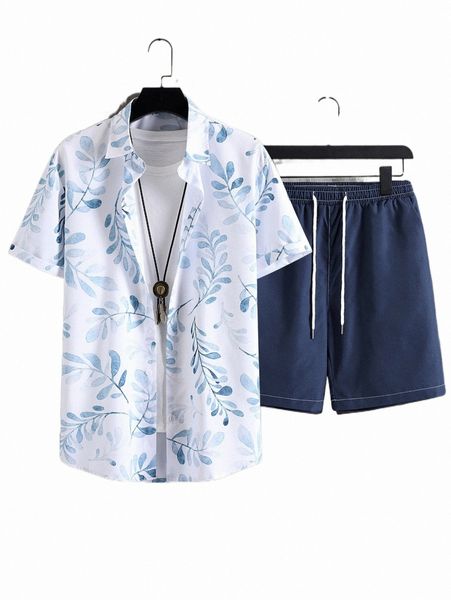 

men plant print shirt & shorts without tee 73xj#, Gray