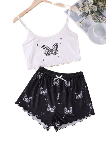 

butterfly print lettuce trim bow front pj set a1cg#, Black;red