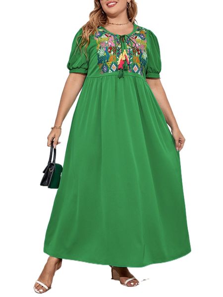 

plus geo embroidered tie neck puff sleeve dress 06ym#, Black
