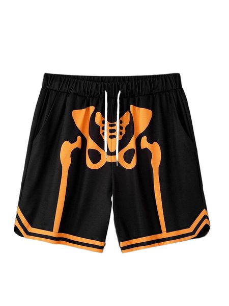 

men skeleton print drawstring waist contrast trim shorts m12l#, White;black