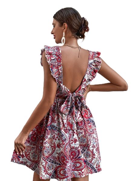 

paisley & floral ruffle knot backless dress j3vg#, Black;gray