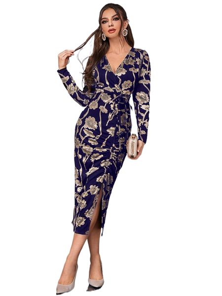

floral print knot front split thigh dress i8ei#, Black;gray