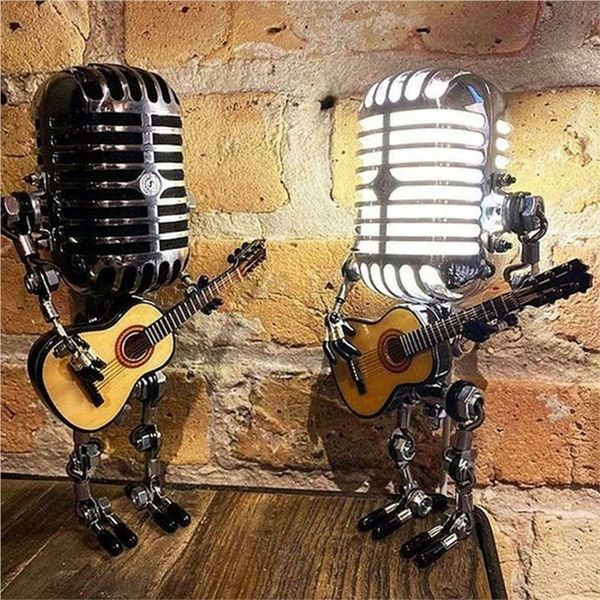 Microfono in metallo Robot Lampada da tavolo retrò Statua Modello Decorazione luminosa regolabile Ornamento da tavolo per chitarra portatile 220329