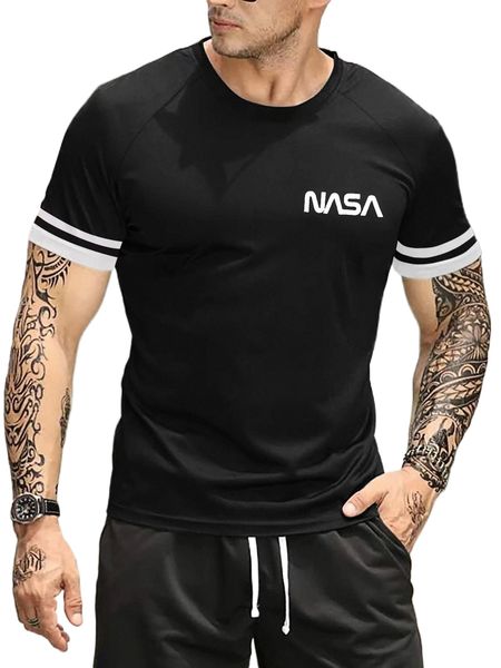 

men letter graphic striped trim tee s6md#, White;black