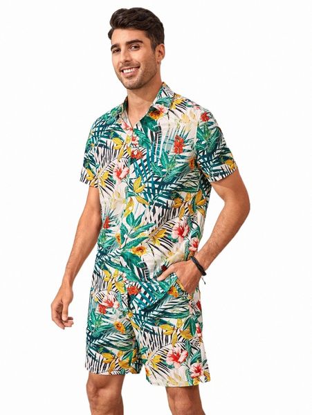 

men tropical print shirt & shorts m24o#, Gray