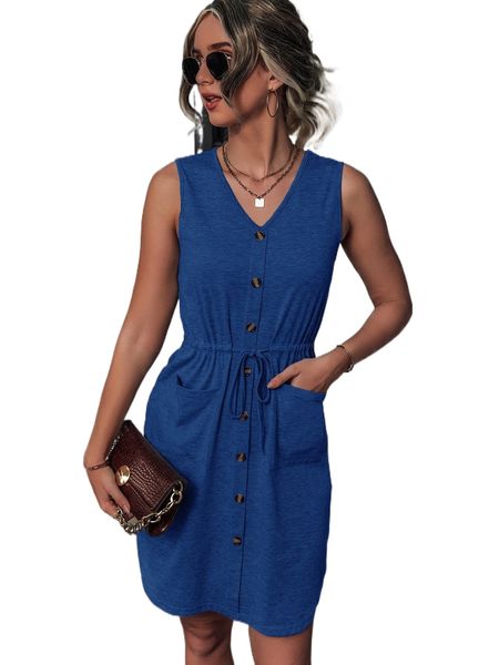 

fake buttons drawstring waist patched pocket dress 76xj#, Black;gray