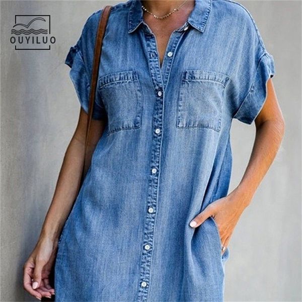 

ladies short sleeve pockets cardigan single breasted denim dress women summer loose knee length party beach dresses 107 220614, Black;gray