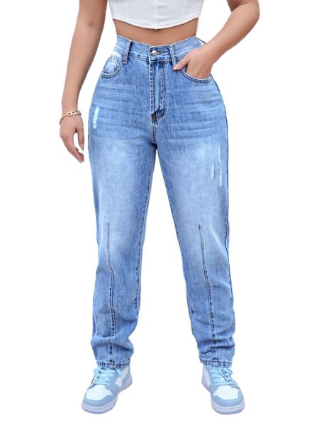 

sxy high waist bleach wash ripped frayed mom jeans o7d0#, Blue