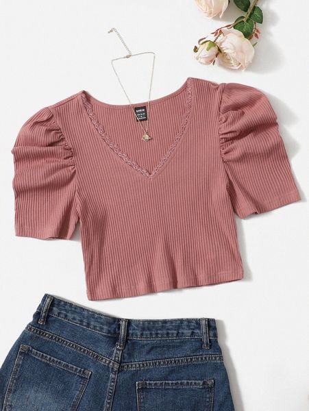 

puff sleeve lace trim rib-knit 480w#, White