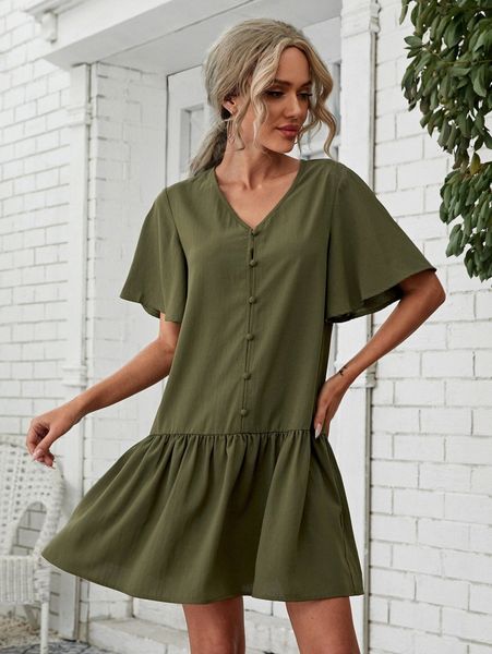 

button front ruffle hem smock dress 50ff#, Black;gray