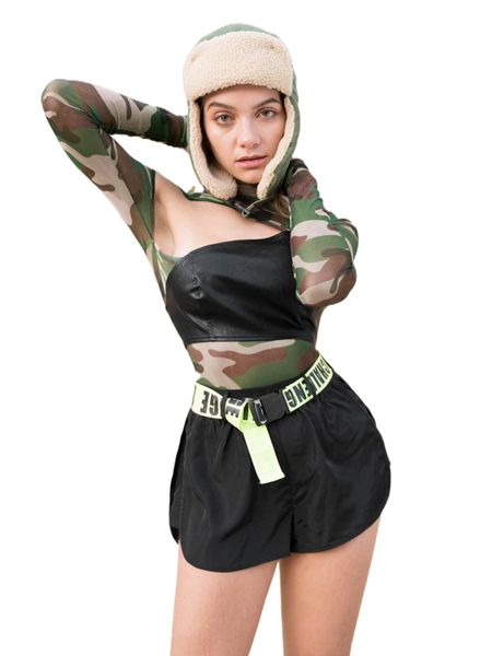 

camo print cutout front sheer mesh 2 in 1 bodysuit q296#, White