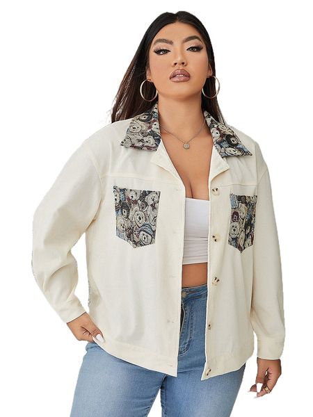 

plus contrast bear collar drop shoulder jacket d30f#, Black