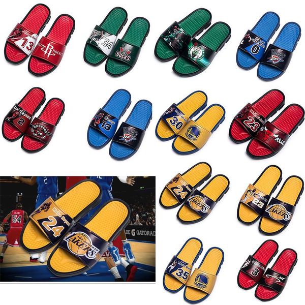 

basketball star pattern sports slippers mens summer rubber sandals beach slide fashion non-slip flip flops indoor shoes size 40, Black