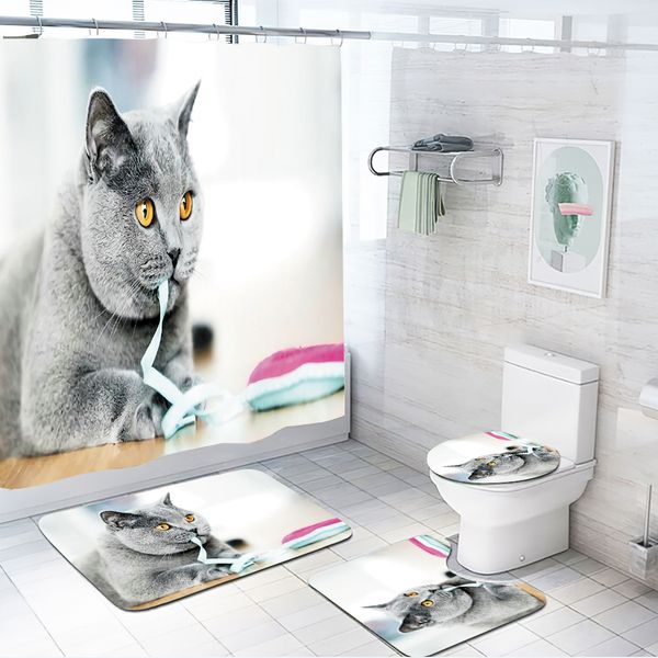 

cute cat with changeable posture 90g shower curtain lamb cashmere non slip floor mat toilet cover mat bathroom four piece set-4