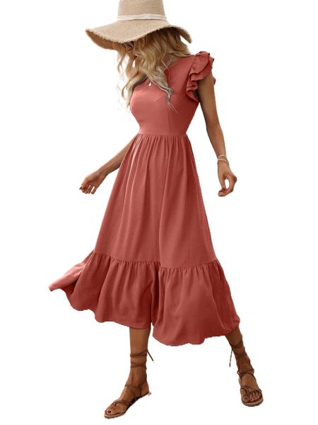 

butterfly sleeve ruffle hem dress h4hc#, Black;gray