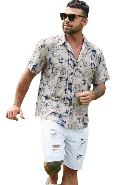 

extended sizes men plaid & floral print shirt l4un#, White;black