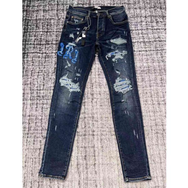 

men's embroidered jeans fashion brand a 22 miri vintage ripped pants american hip hop street fashion loose men slim fit, Blue
