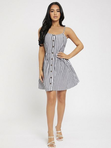 

petite striped dual pocket button front cami dress l3q9#, Black;gray