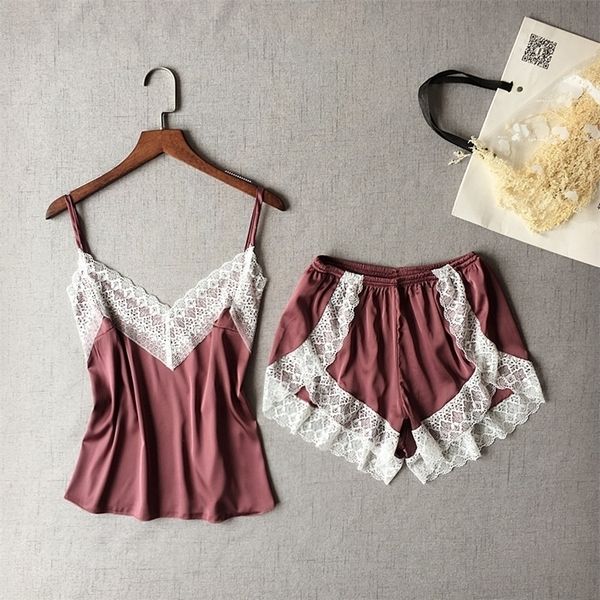 

lace women shorts pajamas suit soft breathable spaghetti strap pijama y200425, Black;red