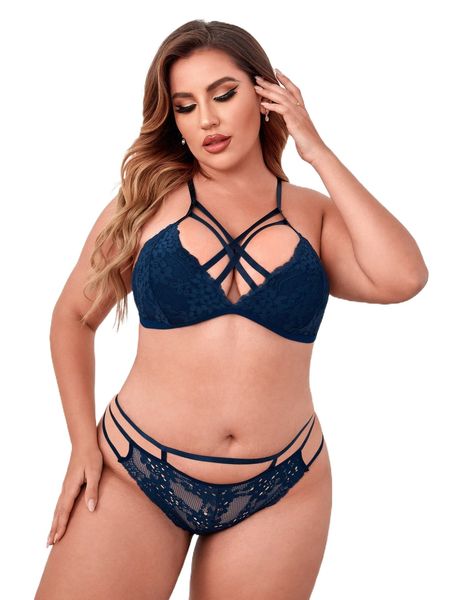 

plus criss cross lace lingerie set o58t#, Black;white