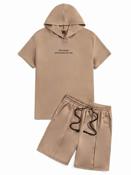 

men slogan graphic hooded tee & drawstring waist shorts w4uj#, Gray