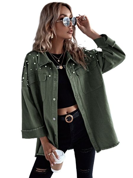 

drop shoulder pearls beaded raw hem coat s3es#, Black