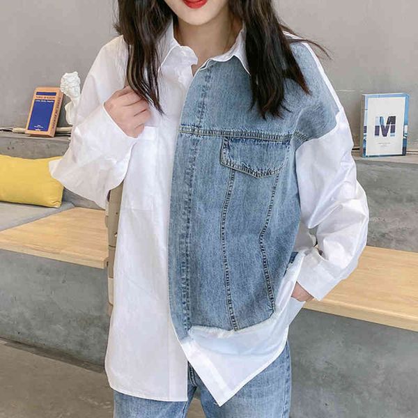 

women's blouses & shirts [ewq] korea chic autumn casual trend women lapel single-breasted fashion loose denim stitching long-sleeved sh, White