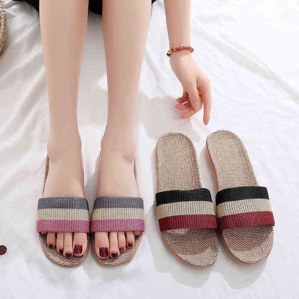 

slippers suihyung summer flax women men casual linen slides multi-style non-slip eva home flip flops indoor shoes female sandals 220329, Black
