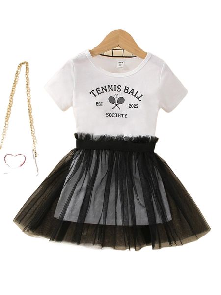 

toddler girls letter graphic tee & mesh skirt x1vi#, Black;white