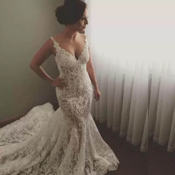 

new arrival lace spaghetti mermaid wedding dresses illusion sheer neck bridal princess wedding gown with chapel train, White