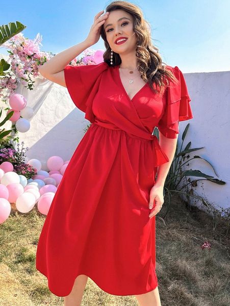 

plus butterfly sleeve knot side dress s3mj#, Black
