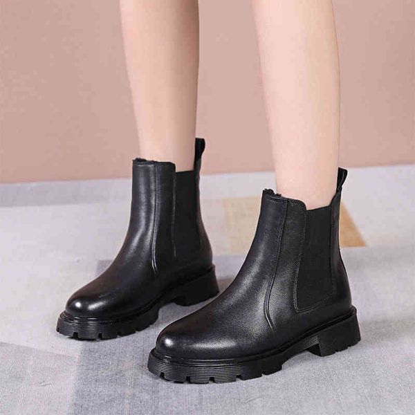 

slippers winter leather thick bottom elastic belt large size martin boots women's heel flat chimney round toe short zy8e, Black