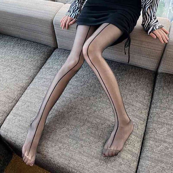 

women pantyhose wear on both sides breathable elastic tights slim vertical line stockings for women t220808, Black;white