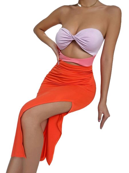 

colorblock twist front cut out split thigh tube dress q5u4#, Black;gray