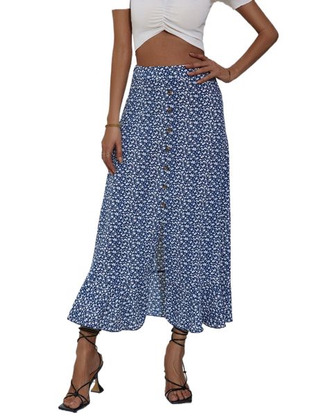 

ditsy floral fake buttons split front skirt 86ny#, Black