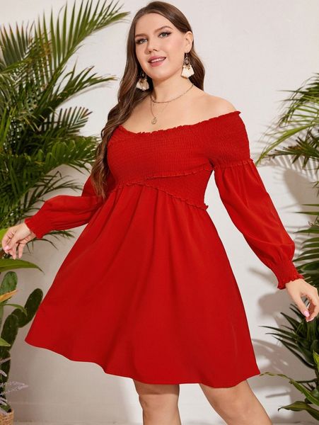 

plus shirred frill trim off shoulder lantern sleeve dress h2e2#, Black