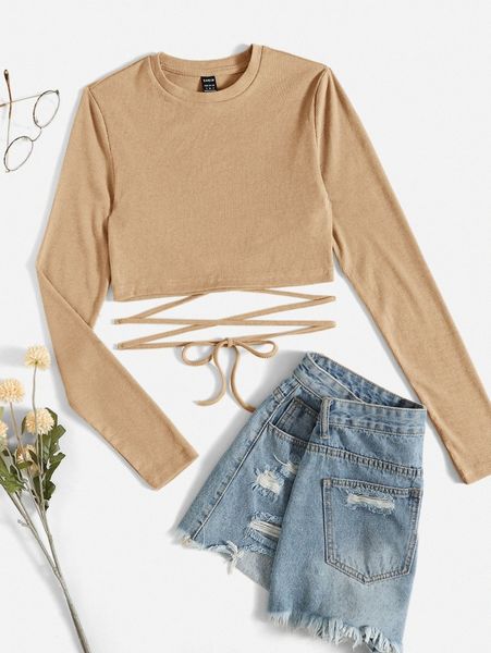 

solid crisscross knotted crop tee w6qa#, White