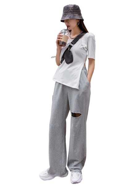 

dazy square neck split hem tee & cut out drawstring waist sweatpants 59py#, White